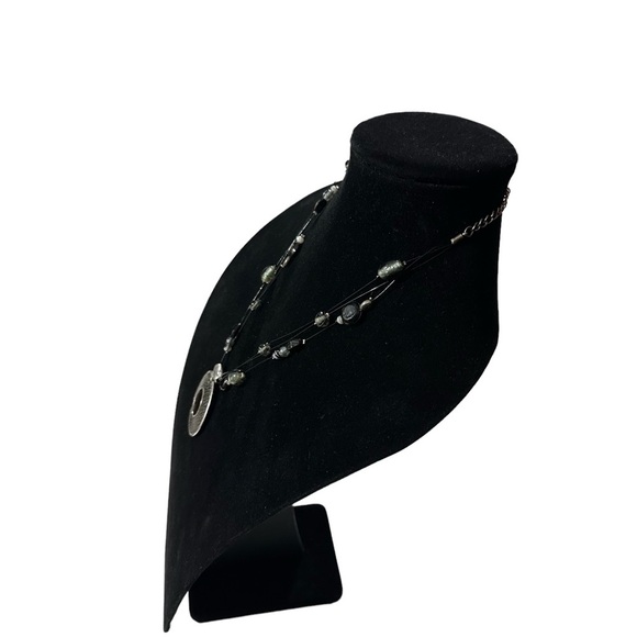 Signed Chicos 3 Strand Glass & 925 Bead Round Leather Inset Pendant Necklace 22” - Picture 8 of 16